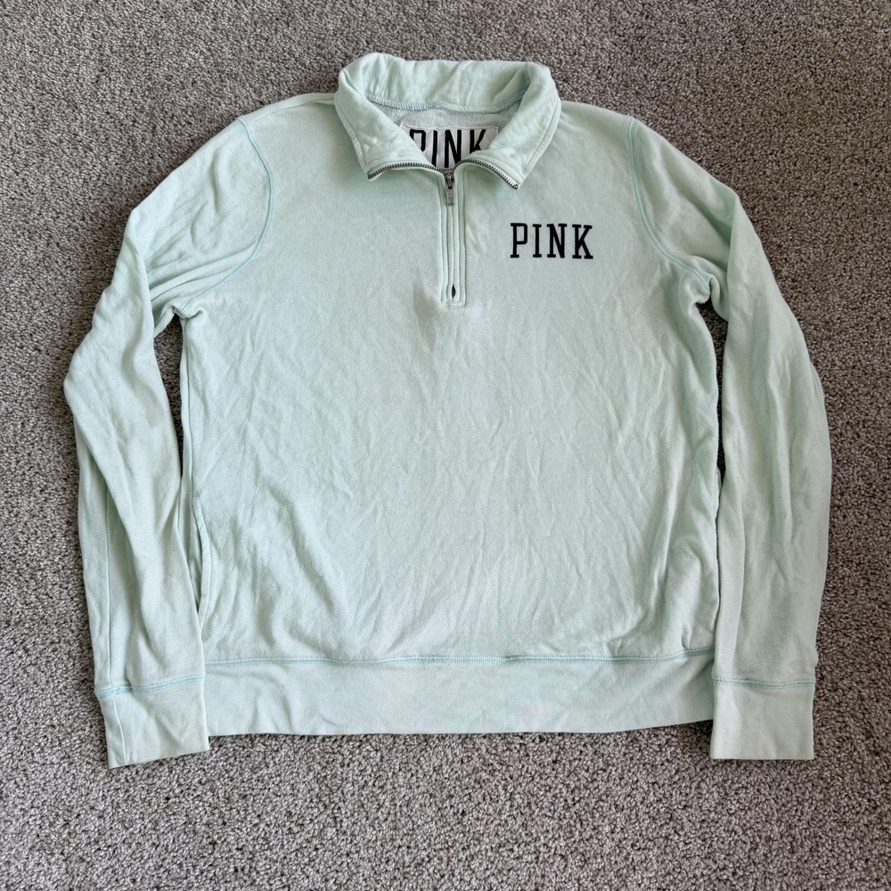 Victoria's Secret PINK Sweatshirt Womens Medium Green Fleece 1/4 Zip Pullover